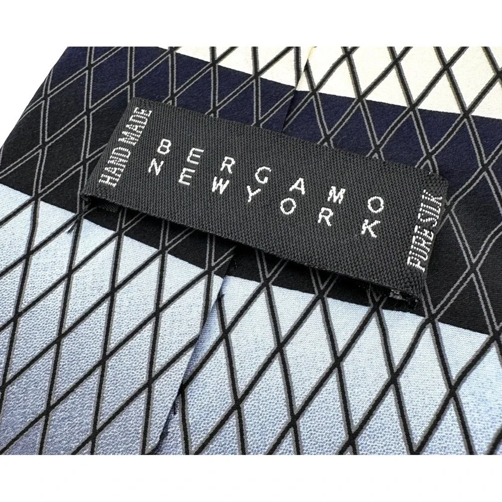 BERGAMO Pure Silk Tie‎ Wide Striped Black & Steel Blue Geometric Vintage